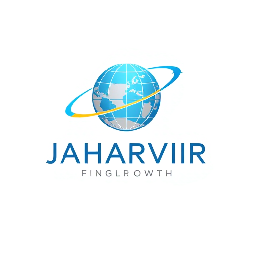 Professional logo design. Create a corporate logo for “Jaharvir Fingrowth Private Limited”. Include a globe with an orbit arrow and clean bold text. Colours: Blue + Grey. Style: futuristic, professional, global vision.