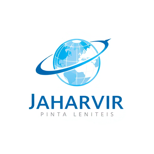 Professional logo design. Create a corporate logo for “Jaharvir Fingrowth Private Limited”. Include a globe with an orbit arrow and clean bold text. Colours: Blue + Grey. Style: futuristic, professional, global vision.