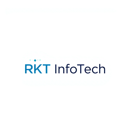 Professional logo design. Minimalist for a technology company named "RKT InfoTech": clean lines, abstract representation of data flow, sophisticated blues and grays, modern sans-serif typeface. Design with a futuristic and professional influence, abstract geometric shapes, solid background.