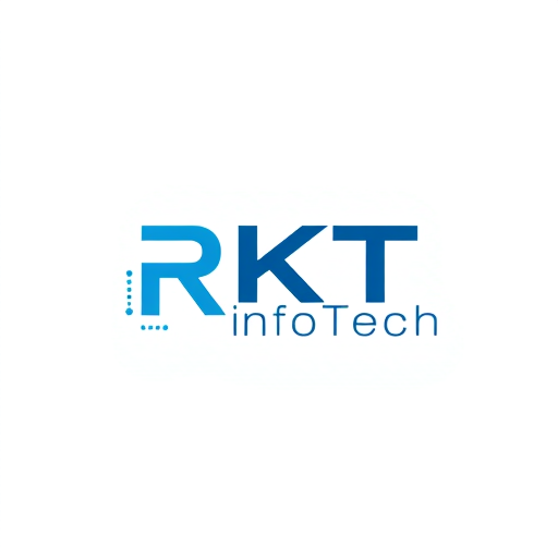 Professional logo design. Minimalist for a technology company named "RKT InfoTech": clean lines, abstract representation of data flow, sophisticated blues and grays, modern sans-serif typeface. Design with a futuristic and professional influence, abstract geometric shapes, solid background.