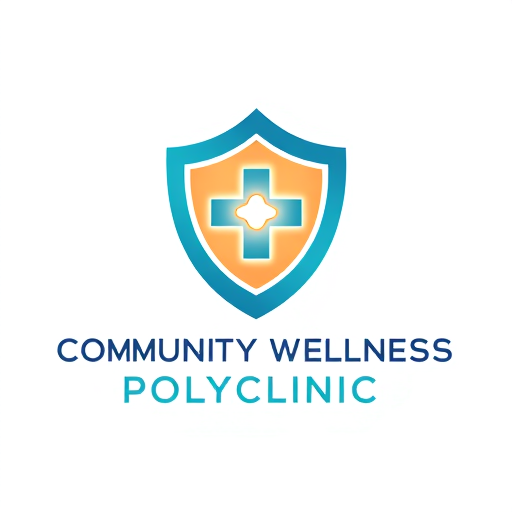 Professional logo design. Logo design for "Community Wellness Polyclinic".  
Concept: a futuristic abstract shield containing a glowing pulse or orb inside, symbolizing protection, vitality, and empowerment.  
Represents a modern healthcare hub that safeguards doctors and communities alike.  
Color palette: teal, royal blue, and warm orange glow.  
Clean vector, premium gradient finish, minimal and futuristic.  
Typography: bold sans-serif, geometric and confident.  
No red cross or typical medical icons.