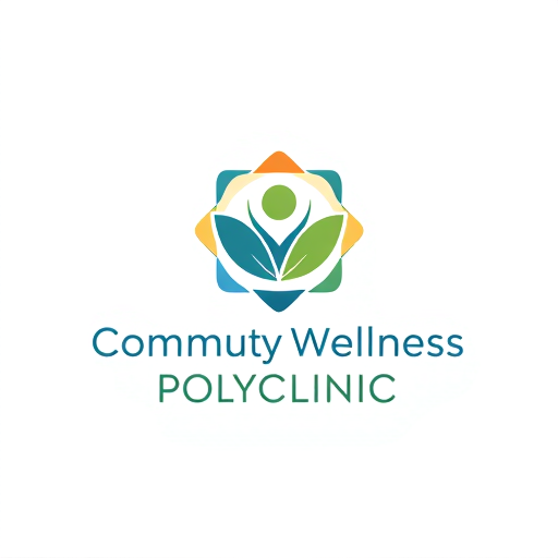 Professional logo design. Professional logo design for "Community Wellness Polyclinic".  
Concept: a modern medical coworking hub where doctors rent private cabins to serve the community.  
Design should combine the idea of community + healthcare + professional spaces.  
Use abstract shapes like connected circles, flowing lines, or hexagons to symbolize collaboration and network.  
In the center, a unique wellness icon: a stylized human figure rising like a sunrise or a blooming leaf, representing holistic health and positivity.  
Avoid using generic red cross or hospital icons.  
Color palette: calming blue (trust), vibrant green (wellness), and warm orange (energy).  
Style: minimal, flat vector, futuristic yet human, perfect for trademark and branding.  
Typography: clean sans-serif, bold for “Community Wellness”, lighter for “Polyclinic”.