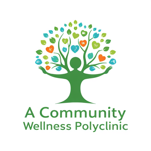 Professional logo design. Logo design for "A Community Wellness Polyclinic". A tree where the trunk is a human figure with open arms and the leaves are shaped like small hearts and medical icons. Color scheme: green, blue, and a hint of orange. Modern, flat, minimal, vector style, clean background. 
