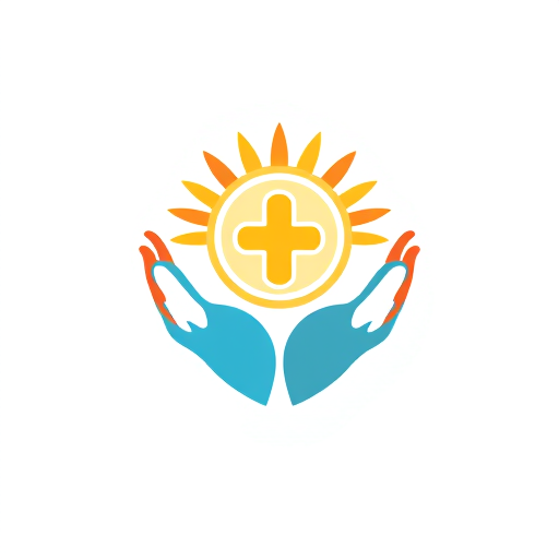 Professional logo design. Logo design for "A Community Wellness Polyclinic". Two caring hands gently holding a circle that contains a rising sun and a medical cross inside. Colors: warm orange and yellow for the sun, blue for trust, green for wellness. Clean, modern vector logo, minimalist, no background. 