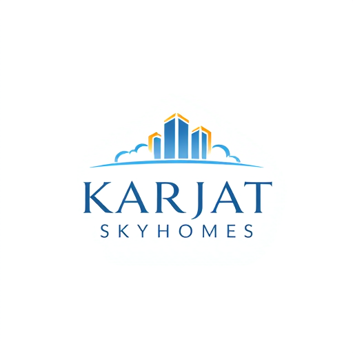 Professional logo design. Minimalist logo for a modern real estate and housing community named "Karjat Skyhomes": Abstract sky elements blended with an architectural symbol, shades of blue, white, and a touch of gold, clean and aspirational typography. Design with a futuristic and elegant influence, subtle cloud formations and geometric building outlines, on a clean white background.
