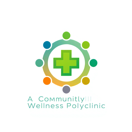 Professional logo design. Logo design for "A Community Wellness Polyclinic", modern and professional, symbolizing healthcare, community, and holistic wellness. Include a circle of abstract human figures holding hands around a green medical cross at the center. Incorporate soft gradients of blue, green, and orange to represent trust, wellness, and positivity. Minimalist flat style, vector graphic, clean lines, no background, suitable for branding. Typography: modern sans-serif, approachable yet professional. 