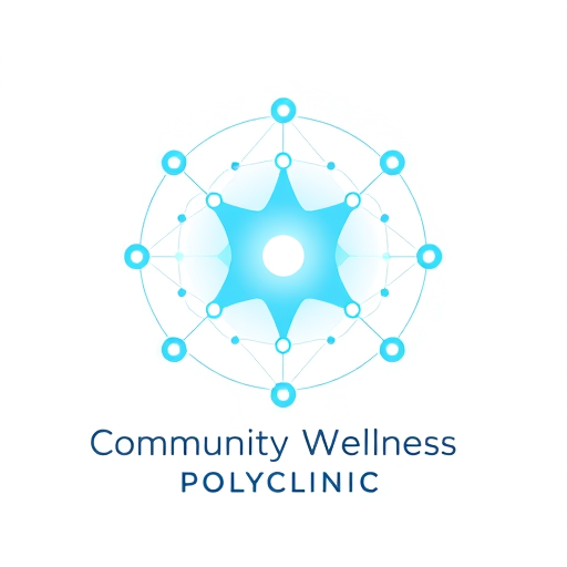 Professional logo design. A modern, futuristic logo showing interconnected dots and thin glowing lines forming a circular network, symbolizing connection and collaboration in healthcare. Central node glowing softly, surrounded by smaller orbits representing doctors and community. Minimal, premium, clean vector design on white background. Use gradient shades of teal, blue, and silver. Typography sleek sans-serif below reading “Community Wellness Polyclinic”. Visual balance of science and empathy, futuristic yet human.