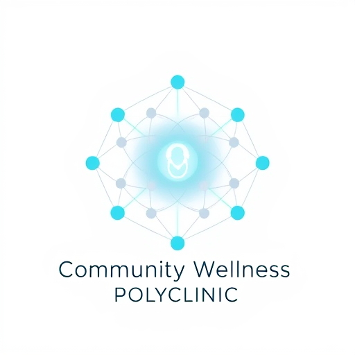 Professional logo design. A modern, futuristic logo showing interconnected dots and thin glowing lines forming a circular network, symbolizing connection and collaboration in healthcare. Central node glowing softly, surrounded by smaller orbits representing doctors and community. Minimal, premium, clean vector design on white background. Use gradient shades of teal, blue, and silver. Typography sleek sans-serif below reading “Community Wellness Polyclinic”. Visual balance of science and empathy, futuristic yet human.