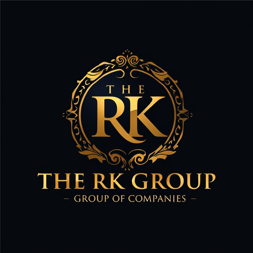 Professional logo design. 3D Emblem logo for a group of companies named "THE RK GROUP": A majestic golden emblem showcasing the letters "RK" intertwined with subtle corporate imagery, evoking trust and prestige. Golden hues with deep navy or black accents., Elegant serif font for "THE RK GROUP" and a clean, modern sans-serif for "GROUP OF COMPANIES". Design with a classic, luxurious, and authoritative influence. Incorporate intricate detailing on the emblem, polished metallic textures, and subtle light reflections. A clean, dark background.