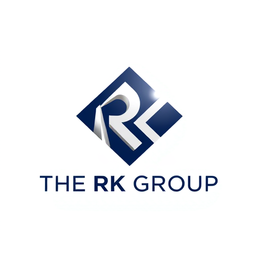 Professional logo design. Minimalist logo for a diverse group of companies named "THE RK GROUP": Abstract geometric shape representing unity and growth, deep navy blue, silver, and a subtle hint of gold, clean and modern sans-serif font. Design with an emphasis on professionalism and trust, a single, bold, stylized "RK" monogram subtly integrated into the geometric form, and a clean white background.