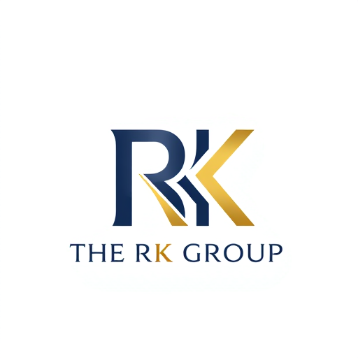 Professional logo design. Letterform for a diversified conglomerate named "THE RK GROUP": Interlocking 'R' and 'K' forming a strong, unified symbol representing the group's diverse businesses, with a subtle upward movement suggesting growth and ambition. A sophisticated and modern color palette of deep navy blue, brushed gold, and a touch of charcoal grey. Bold, sans-serif typography with a slightly extended width for a sense of stability and prestige. Design with an influence of modern corporate branding and architectural precision, with a visual execution of clean lines, sharp angles, and subtle metallic gradients. A solid, neutral background.