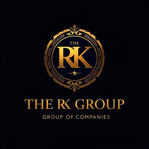 Professional logo design. 3D Emblem logo for a group of companies named "THE RK GROUP": A majestic golden emblem showcasing the letters "RK" intertwined with subtle corporate imagery, evoking trust and prestige. Golden hues with deep navy or black accents., Elegant serif font for "THE RK GROUP" and a clean, modern sans-serif for "GROUP OF COMPANIES". Design with a classic, luxurious, and authoritative influence. Incorporate intricate detailing on the emblem, polished metallic textures, and subtle light reflections. A clean, dark background.