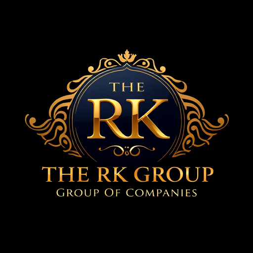 Professional logo design. 3D Emblem logo for a group of companies named "THE RK GROUP": A majestic golden emblem showcasing the letters "RK" intertwined with subtle corporate imagery, evoking trust and prestige. Golden hues with deep navy or black accents., Elegant serif font for "THE RK GROUP" and a clean, modern sans-serif for "GROUP OF COMPANIES". Design with a classic, luxurious, and authoritative influence. Incorporate intricate detailing on the emblem, polished metallic textures, and subtle light reflections. A clean, dark background.