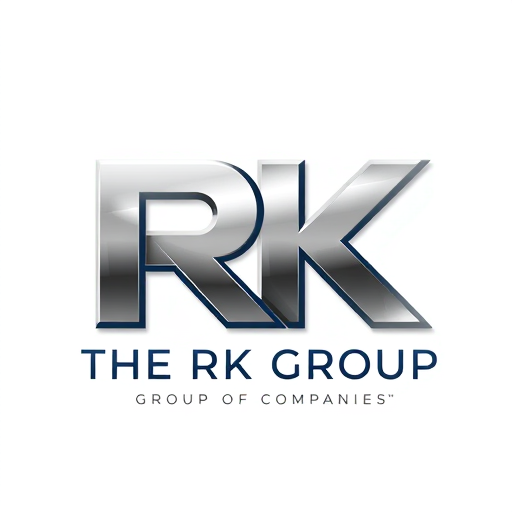 Professional logo design. Letterform for a diversified conglomerate named "THE RK GROUP GROUP OF COMPANIES": A modern, sleek, and professional 3D logo where the letters "RK" are the prominent feature, forming a strong, interconnected mark with "THE GROUP OF COMPANIES" subtly integrated below or beside. The "R" and "K" should convey stability and innovation. Metallic silver and deep navy blue, with subtle gold accents for prestige, Metallic gradient with sharp edges and subtle beveling, reflecting light to create depth, incorporating a subtle geometric pattern within the metallic sheen. Corporate, architectural, and luxurious. Clean lines, polished surfaces, and a sense of solid structure. Solid, subtle gradient, dark charcoal.