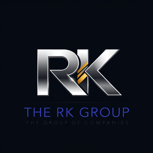 Professional logo design. Letterform for a diversified conglomerate named "THE RK GROUP GROUP OF COMPANIES": A modern, sleek, and professional 3D logo where the letters "RK" are the prominent feature, forming a strong, interconnected mark with "THE GROUP OF COMPANIES" subtly integrated below or beside. The "R" and "K" should convey stability and innovation. Metallic silver and deep navy blue, with subtle gold accents for prestige, Metallic gradient with sharp edges and subtle beveling, reflecting light to create depth, incorporating a subtle geometric pattern within the metallic sheen. Corporate, architectural, and luxurious. Clean lines, polished surfaces, and a sense of solid structure. Solid, subtle gradient, dark charcoal.