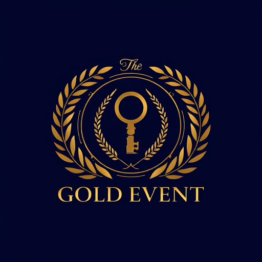 Professional logo design. Emblem for an event management team named "GOLD EVENT": A stylized, ornate wreath enclosing a minimalist golden key, representing access to exclusive and successful events. , Gold, Black, and a deep navy blue. , Elegant serif font for "GOLD EVENT" with a slightly condensed feel., Art Deco and luxury magazine cover styles., The key should have intricate detailing, with subtle metallic sheen effects. The wreath should be composed of delicate laurel leaves. The overall composition should feel balanced and premium. , Solid navy blue background.