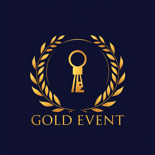 Professional logo design. Emblem for an event management team named "GOLD EVENT": A stylized, ornate wreath enclosing a minimalist golden key, representing access to exclusive and successful events. , Gold, Black, and a deep navy blue. , Elegant serif font for "GOLD EVENT" with a slightly condensed feel., Art Deco and luxury magazine cover styles., The key should have intricate detailing, with subtle metallic sheen effects. The wreath should be composed of delicate laurel leaves. The overall composition should feel balanced and premium. , Solid navy blue background.