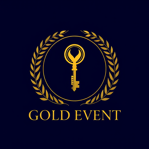 Professional logo design. Emblem for an event management team named "GOLD EVENT": A stylized, ornate wreath enclosing a minimalist golden key, representing access to exclusive and successful events. , Gold, Black, and a deep navy blue. , Elegant serif font for "GOLD EVENT" with a slightly condensed feel. Design Art Deco and luxury magazine cover styles, The key should have intricate detailing, with subtle metallic sheen effects. The wreath should be composed of delicate laurel leaves. The overall composition should feel balanced and premium. , Solid navy blue background.