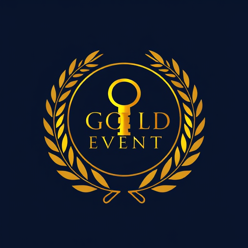 Professional logo design. Emblem for an event management team named "GOLD EVENT": A stylized, ornate wreath enclosing a minimalist golden key, representing access to exclusive and successful events. , Gold, Black, and a deep navy blue. , Elegant serif font for "GOLD EVENT" with a slightly condensed feel. Design Art Deco and luxury magazine cover styles, The key should have intricate detailing, with subtle metallic sheen effects. The wreath should be composed of delicate laurel leaves. The overall composition should feel balanced and premium. , Solid navy blue background.