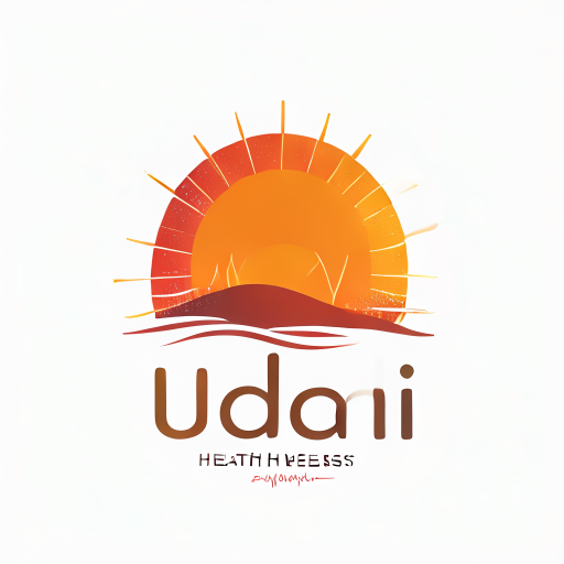 Logo Design: Pictorial logo for a health and wellness brand named "Uddai": A dark orange half-risen sun with radiant rays extending outwards. At the bottom of the sun, a subtle heartbeat line seamlessly integrates into the design. Color palette: Deep oranges, warm yellows, and subtle hints of red. Typography: Clean, sans-serif font with a slightly rounded feel for the brand name. Design: Modern and inspiring, with a touch of organic warmth. Visual execution: Smooth gradients and crisp lines for the sun and rays, a delicate and flowing heartbeat graphic. Background: White or a very light gradient.