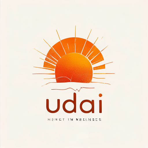 Logo Design: Pictorial logo for a health and wellness brand named "Uddai": A dark orange half-risen sun with radiant rays extending outwards. At the bottom of the sun, a subtle heartbeat line seamlessly integrates into the design. Color palette: Deep oranges, warm yellows, and subtle hints of red. Typography: Clean, sans-serif font with a slightly rounded feel for the brand name. Design: Modern and inspiring, with a touch of organic warmth. Visual execution: Smooth gradients and crisp lines for the sun and rays, a delicate and flowing heartbeat graphic. Background: White or a very light gradient.