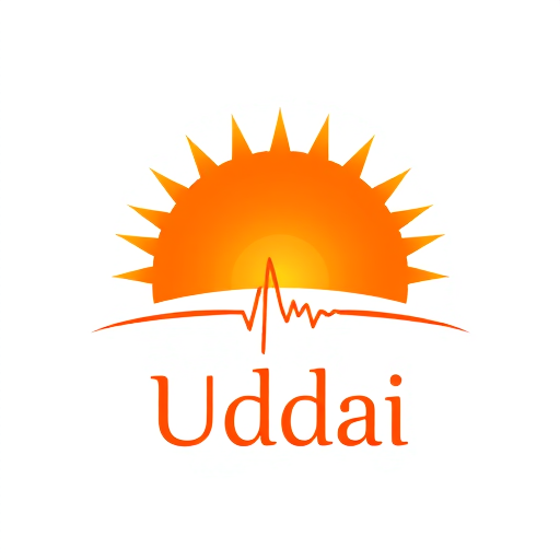 Professional logo design. Pictorial logo for a health and wellness brand named "Uddai": A dark orange half-risen sun with radiant rays extending outwards. At the bottom of the sun, a subtle heartbeat line seamlessly integrates into the design. Color palette: Deep oranges, warm yellows, and subtle hints of red. Typography: Clean, sans-serif font with a slightly rounded feel for the brand name. Design: Modern and inspiring, with a touch of organic warmth. Visual execution: Smooth gradients and crisp lines for the sun and rays, a delicate and flowing heartbeat graphic. Background: White or a very light gradient.