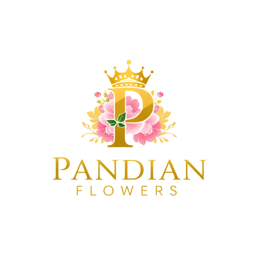 Professional logo design. i want to create logo for flower shop named Pandian Flowers the letter P has a crown and tha text should be in golden and the background enhance the brand name