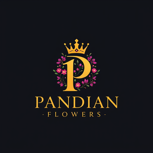 Professional logo design. i want to create logo for flower shop named Pandian Flowers the letter P has a crown and tha text should be in golden and the background enhance the brand name