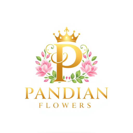 Professional logo design. i want to create logo for flower shop named Pandian Flowers the letter P in pandian has a crown and tha text should be in golden and the background enhance the brand name