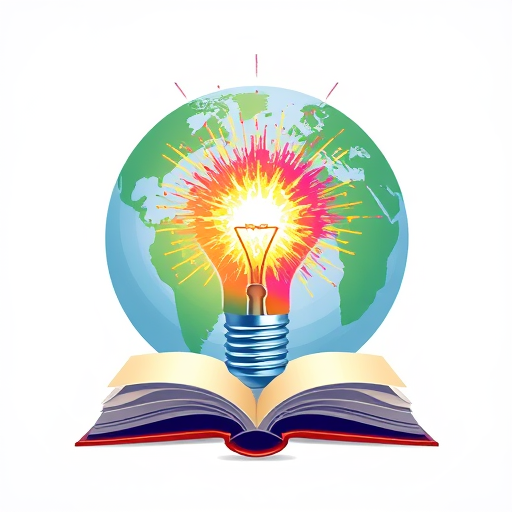 Professional logo design. a background of globe, on that a colourful bulb emerge from an opened book at bottom . colourful sparks from bulb, artistic effect inside bulb