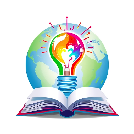 Professional logo design. a background of globe, on that a colourful bulb emerge from an opened book at bottom . colourful sparks from bulb, artistic effect inside bulb