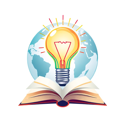 Professional logo design. a background of globe, on that a colourful bulb emerge from an opened book at bottom . colourful lines coming from bulb, artistic effect inside bulb