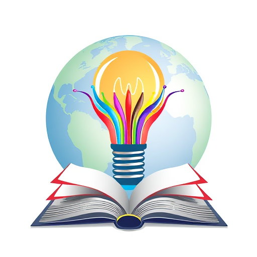 Professional logo design. a background of globe, on that a colourful bulb emerge from an opened book at bottom . colourful lines coming from bulb, artistic effect inside bulb