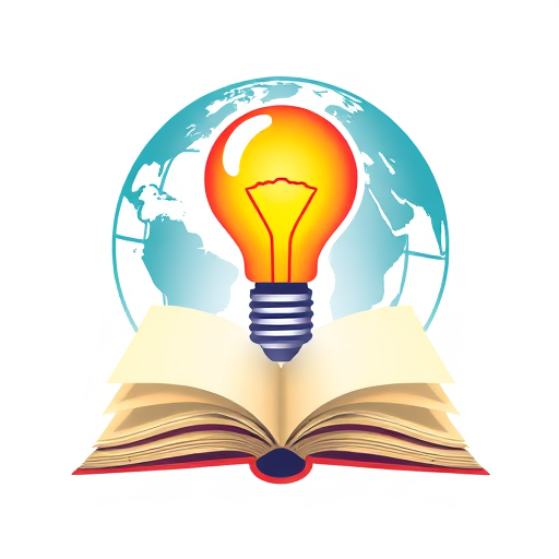 Professional logo design. a background of globe, on that a colourful bulb emerge from an opened book at bottom 