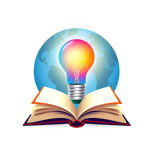 Professional logo design. a background of globe, on that a colourful bulb emerge from an opened book at bottom 