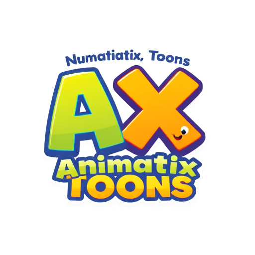 Professional logo design. Create a colorful cartoon-style logo with the main text 'AX' in big bubble letters, tagline 'Animatix Toons' in playful font above it, include a small cartoon mascot like a smiling robot or cartoon eye, use bright colors like yellow, blue, red, green, fun and lively for a kids/animation YouTube channel. 