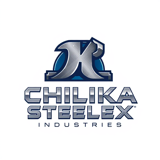 Professional logo design. Pictorial logo for a steel manufacturing company named "CHILIKA STEELEX INDUSTRIES": A stylized abstract representation of a metal beam or a forging hammer, a robust and modern color palette of deep blues, grays, and metallic silver, bold sans-serif typography with strong, geometric letterforms. Design with an industrial and contemporary influence, sharp lines and polished metallic textures, and a clean white background.