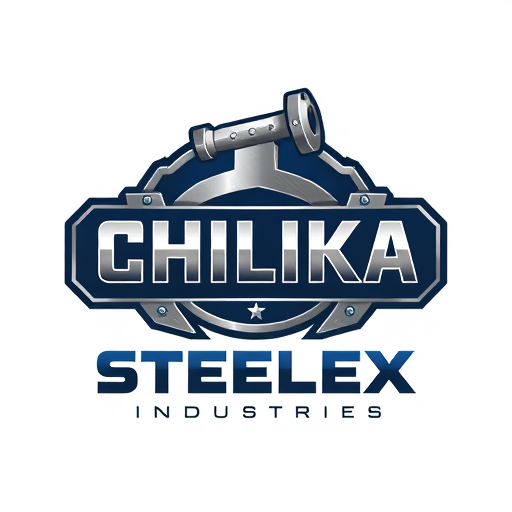 Professional logo design. Pictorial logo for a steel manufacturing company named "CHILIKA STEELEX INDUSTRIES": A stylized abstract representation of a metal beam or a forging hammer, a robust and modern color palette of deep blues, grays, and metallic silver, bold sans-serif typography with strong, geometric letterforms. Design with an industrial and contemporary influence, sharp lines and polished metallic textures, and a clean white background.