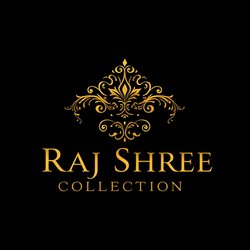 Professional logo design. “Create a luxurious and ornamental logo for Raj Shree Collection, a goldsmith jewellery brand for men and women. The design should feature a royal emblem style similar to heritage jewellery logos, symbolizing strength, tradition, and prosperity. Use gold as the main color with elegant serif typography for the brand name. Provide two versions: one on a black/dark background and one on a white/light background.”