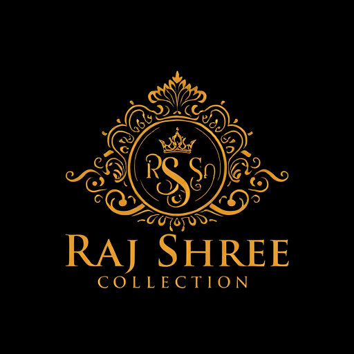 Professional logo design. “Create a luxurious and ornamental logo for Raj Shree Collection, a goldsmith jewellery brand for men and women. The design should feature a royal emblem style similar to heritage jewellery logos, symbolizing strength, tradition, and prosperity. Use gold as the main color with elegant serif typography for the brand name. Provide two versions: one on a black/dark background and one on a white/light background.”