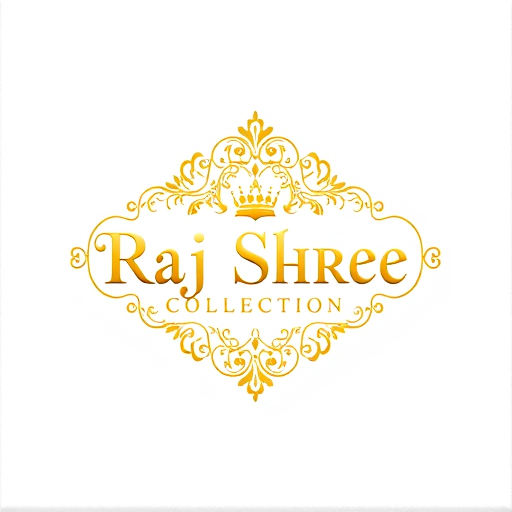 Professional logo design. Emblem for a luxury ornamental jewellery brand for men and women named "Raj Shree Collection": a royal emblem featuring intricate filigree work and gold color, elegant serif typography. Design with Indian royal influence and Art Deco stylistic direction, on a White velvet background.