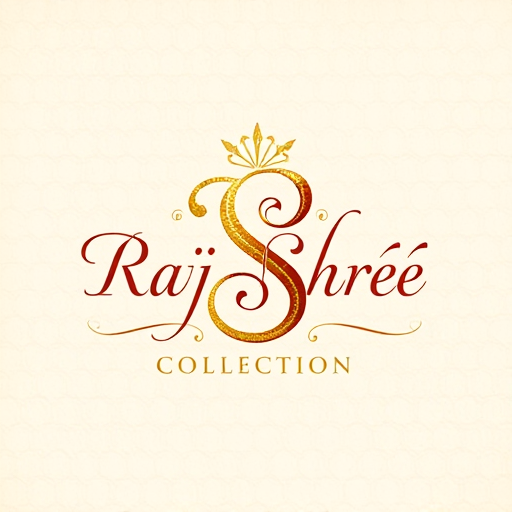Professional logo design. Stylized Letterform for a gold jewellery shop named "Raj Shree Collection": A regal 'R' and 'S' intertwined, forming a subtly ornate design reminiscent of fine filigree, Golden yellow, rich ochre, and deep burgundy, Elegant serif font with delicate flourishes, inspired by Mughal architecture and traditional Indian artistry, intricate linework and subtle metallic textures, on a cream or light gold textured background.