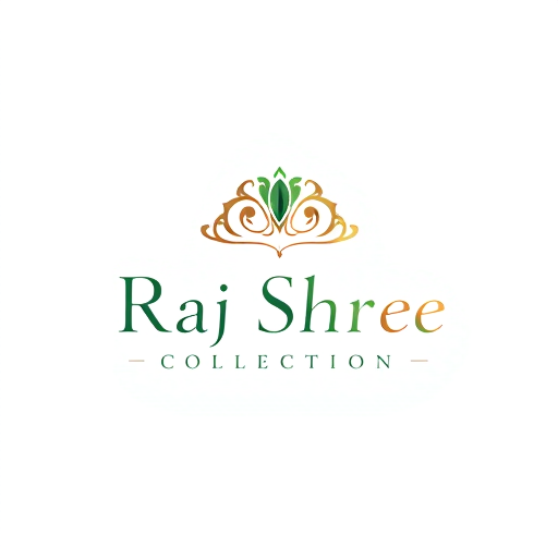 Professional logo design. Minimalist for a jewelry business named "Raj Shree Collection": A stylized crown or intricate jewel motif, Rose gold, deep emerald green, and champagne, Elegant serif font, Design with a modern, sophisticated influence and a hint of traditional Indian artistry, Clean lines, subtle gradients, and a polished metallic finish, Solid white
