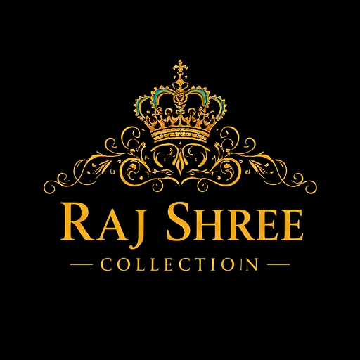 Professional logo design. Emblem for a luxury ornamental jewellery brand for men and women named "Raj Shree Collection": a royal emblem featuring intricate filigree work and a stylized crown, gold color, elegant serif typography. Design with Indian royal influence and Art Deco stylistic direction, detailed metallic gold textures with subtle gemstone accents, on a dark velvet background.