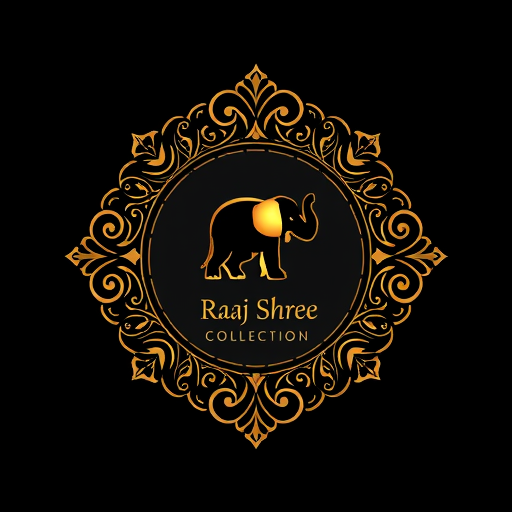 Professional logo design. “Create a luxurious and ornamental logo for Raj Shree Collection, a goldsmith jewellery brand for men and women. The design should feature a royal emblem style similar to heritage jewellery logos, with intricate floral/ornamental patterns forming the frame. Cleverly incorporate a hidden elephant shape within the ornaments or negative space, symbolizing strength, tradition, and prosperity. Use gold as the main color with elegant serif typography for the brand name. Provide two versions: one on a black/dark background and one on a white/light background.”