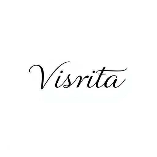 Professional logo design. Logo design for a fashion brand named "Visrita". Brand name written in a clean, simple, modern font. Along with the text, add a subtle fashion-related design element like a flowing fabric line, kurti outline, hanger, or elegant floral motif. Minimal, classy, and elegant style. Vector logo, no background, professional look. 