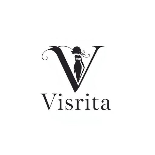 Professional logo design. Logo design for a fashion brand named "Visrita". The main focus is a large customized letter "V", styled with fashion-related elements such as a flowing fabric line, elegant girl silhouette, hanger detail, or abstract floral touch. Below the V, write "Visrita" in a simple, clean sans-serif font (not cursive). Minimal, modern, and classy design, vector logo, no background. 