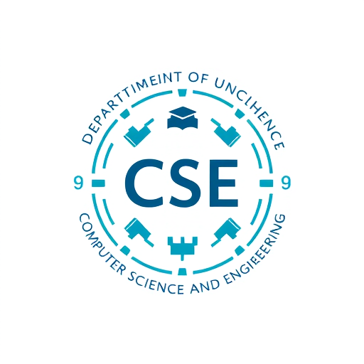 Professional logo design. "Design a modern, professional, and academic logo for the Department of Computer Science and Engineering (CSE). The logo should represent technology, innovation, and knowledge. Key elements to symbolize include: Core themes of CSE: computer, coding, circuits, algorithms, data networks, and artificial intelligence. Abstract representations: binary code (0s and 1s), neural networks, cloud, gears, or digital circuits. Educational aspect: a subtle academic touch such as a book, graduation cap, or abstract knowledge symbol. Style: clean, minimal, and futuristic with balanced symmetry. Shape preference: circular or shield-like form for institutional feel, or abstract geometric for modernity. Color palette: Blue (technology, trust), White (knowledge, clarity), and accents of Green or Orange (innovation and energy). Avoid too many colors. Typography: If text is included, use 'CSE' or 'Department of Computer Science & Engineering' in a modern sans-serif font, well-integrated with the logo. Usability: The logo should look good in both print (stationery, certificates) and digital formats (websites, dashboards, presentations). Overall impression: A forward-looking, intellectual, and innovative identity that reflects the blend of computing, engineering, and education." 