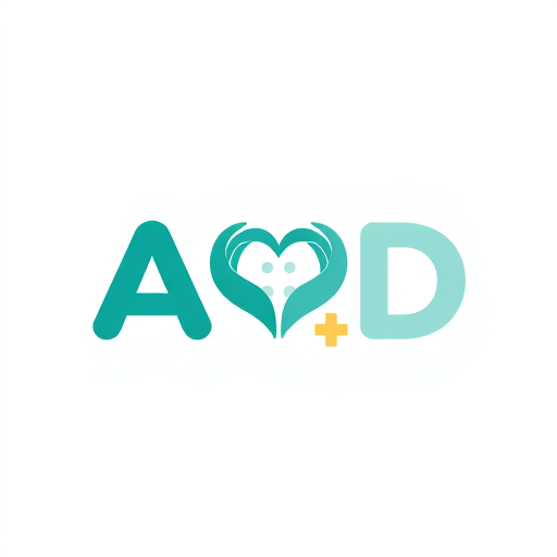 Professional logo design. Letterform logo for a patient-focused health website named "AMD": The letter 'A' is formed by two hands creating a heart, with a soft medical cross subtly integrated into the negative space of the letter 'D', Rounded, friendly sans-serif font. Teal (#4ABDAC), sky blue (#A0DDE6), and soft green (#F1F1F8E9). Minimalist, modern, and clean design, suitable for web and app icons, influenced by nature and well-being, with smooth curves and gentle gradients, on a white background.