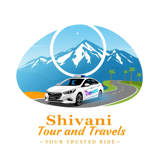 Professional logo design. A sleek, modern cab driving on a winding road surrounded by hills and mountains under a clear blue sky. Add palm trees along the roadside to create a tropical and adventurous atmosphere. The scene should reflect safety, comfort, and scenic travel. Include space for text that says ‘Shivani Tour and Travels – Your Trusted Ride’ with an elegant and clean style.” more